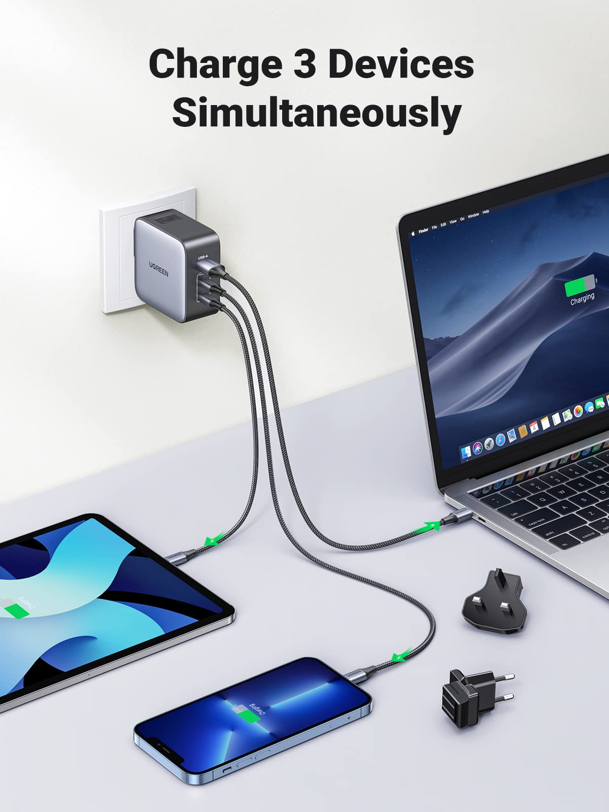 Ugreen 65W Nexode GaN USB C 3-Port Charger With US/UK/EU Plug for Travel