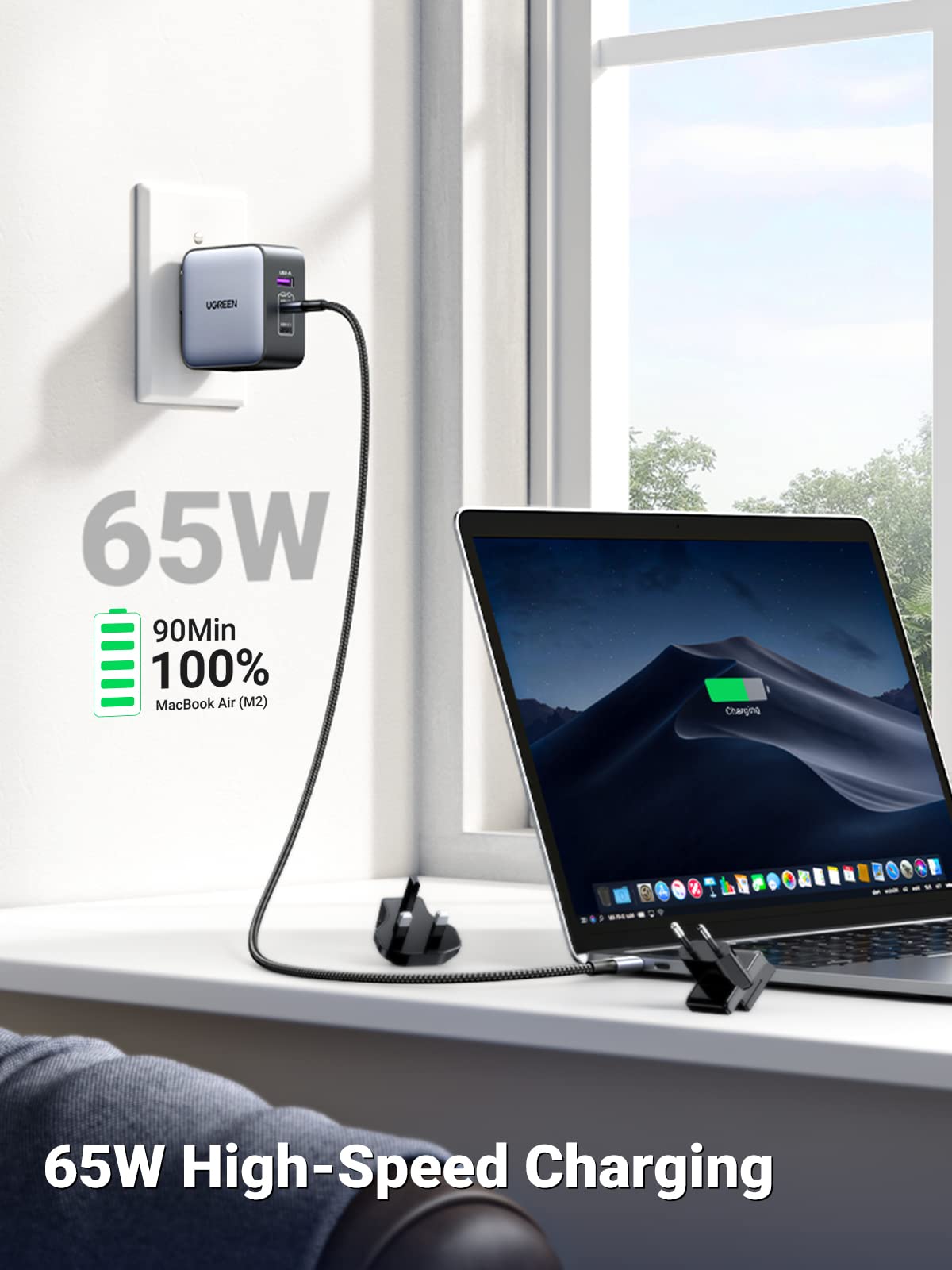Ugreen 65W Nexode GaN USB C 3-Port Charger With US/UK/EU Plug for Travel
